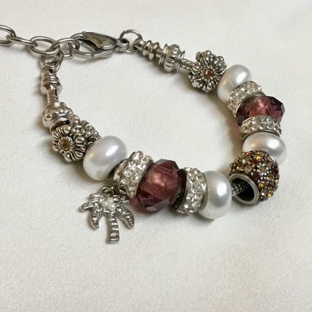 Bella Perlina Bracelet Charm & Crystal Bead Brown & White